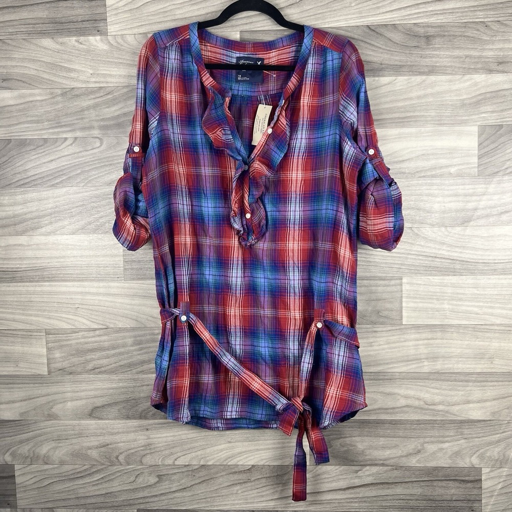 American Eagle Blouse Womens‎ 14 Blue Pink Plaid Peplum Flannel Tunic Waist Tie